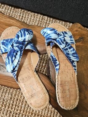 Nine West Blue Tie-Dye Bow Cork Slide Sandals - Women's